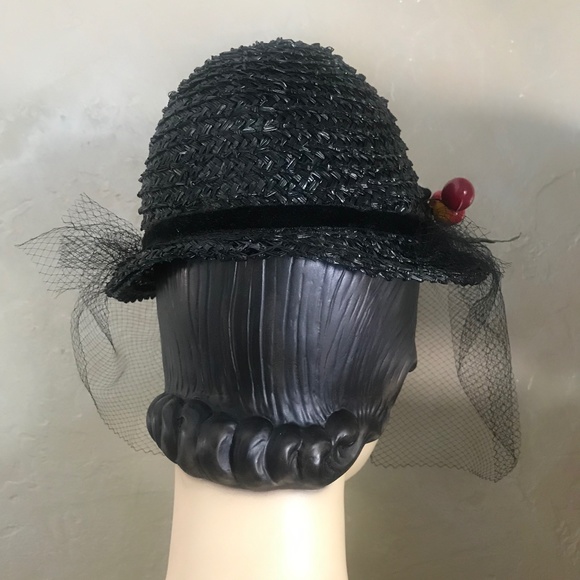 CHARISMATIC 1930s\' BLACK STRAW TOQUE WITH IMITATION CHERRIES, FLOWERS & VEIL main image 9